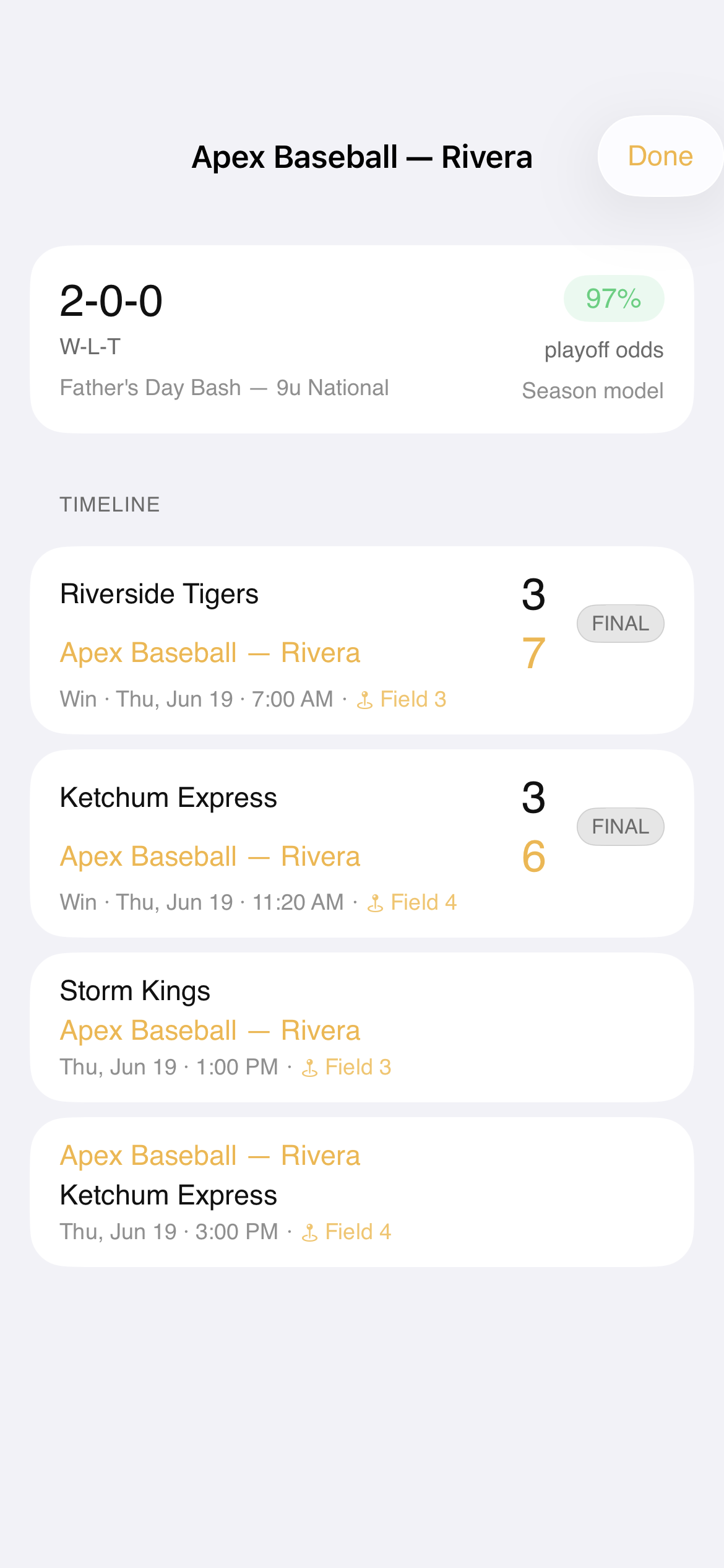 First Base team detail — game history and playoff odds breakdown