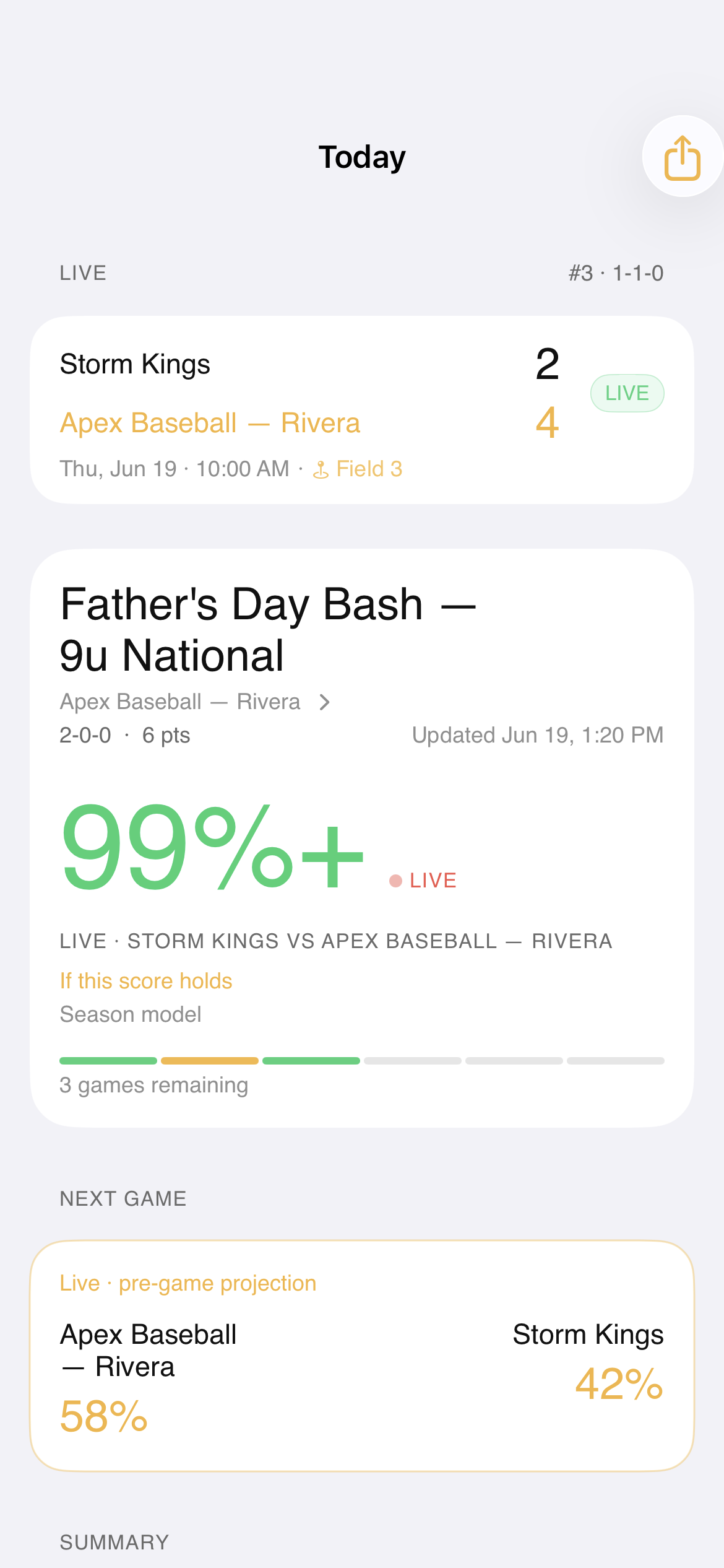 First Base Today view — live in-progress score with provisional playoff odds